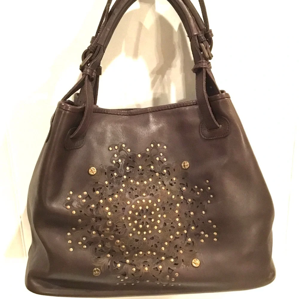 🆕 Platania Brown Italian Leather Large Satchel Slouchy Bag  Stud Details